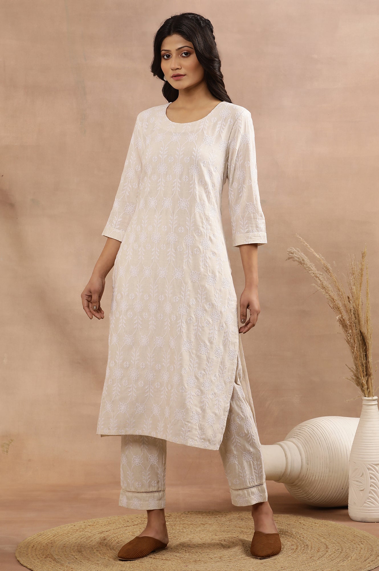 Beige Floral Embroidered Cotton Kurta And Pants Set - wforwoman