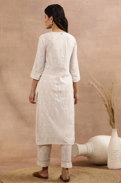 Beige Floral Embroidered Cotton Kurta And Pants Set - wforwoman