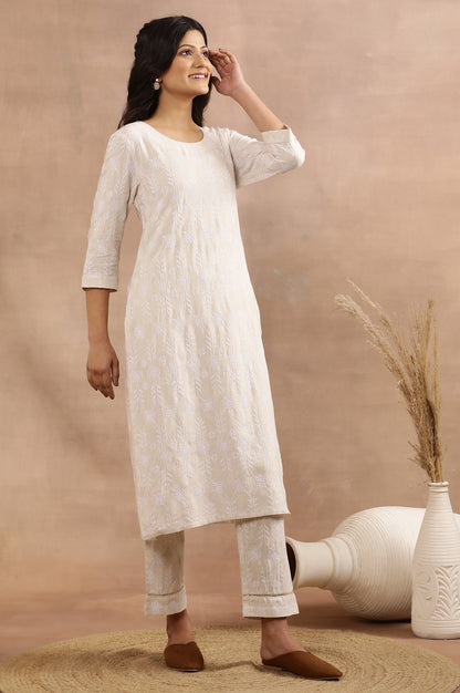 Beige Floral Embroidered Cotton Kurta And Pants Set - wforwoman