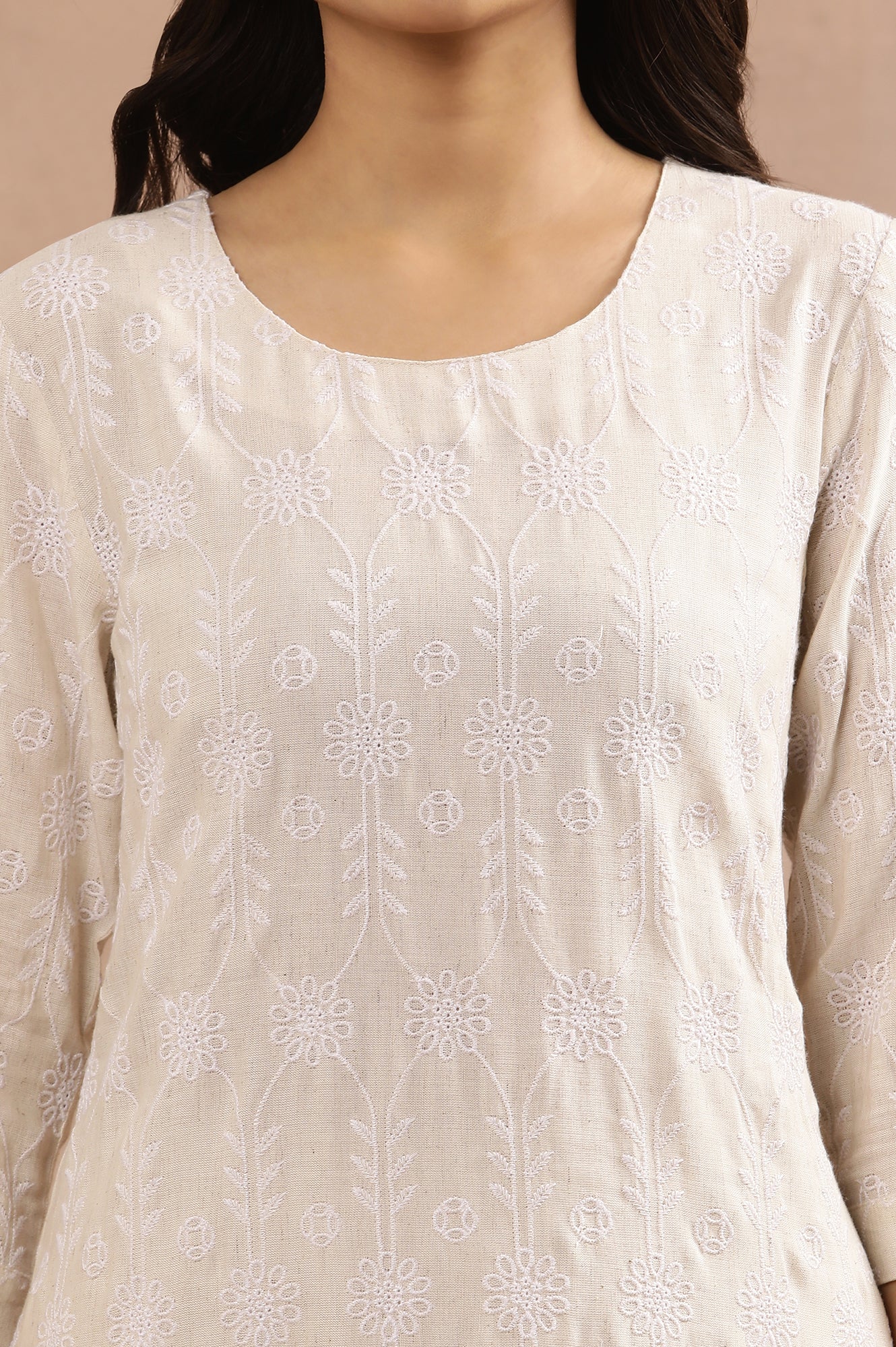 Beige Floral Embroidered Cotton Kurta And Pants Set - wforwoman