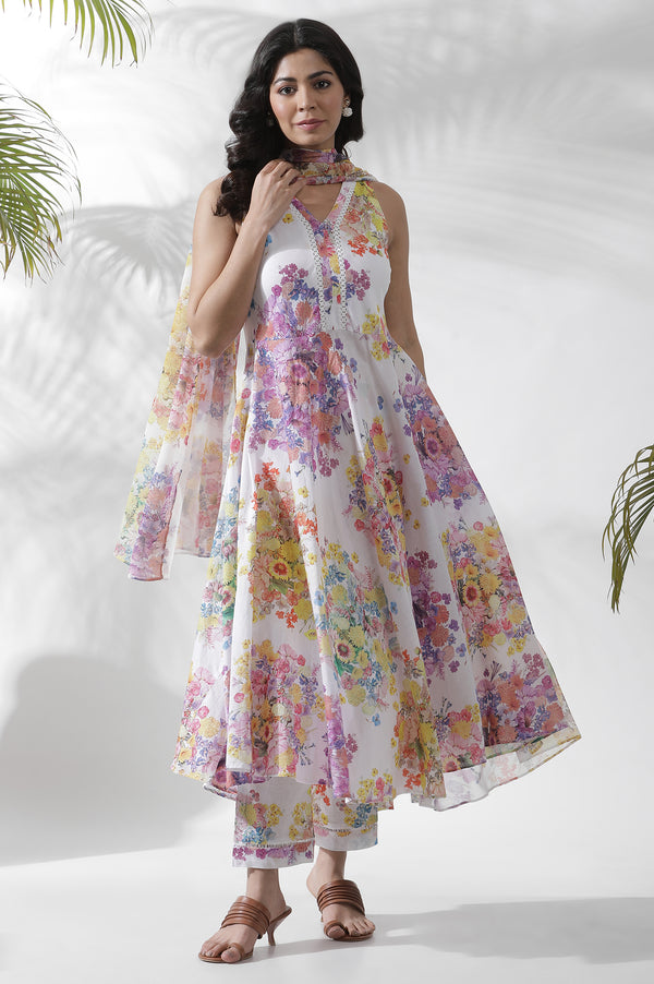 White Floral Printed Cotton A-line Kurta, Pants and Dupatta Set