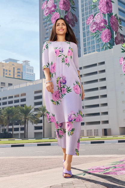 Purple Floral Printed Gathered Kurta And Pants Set
