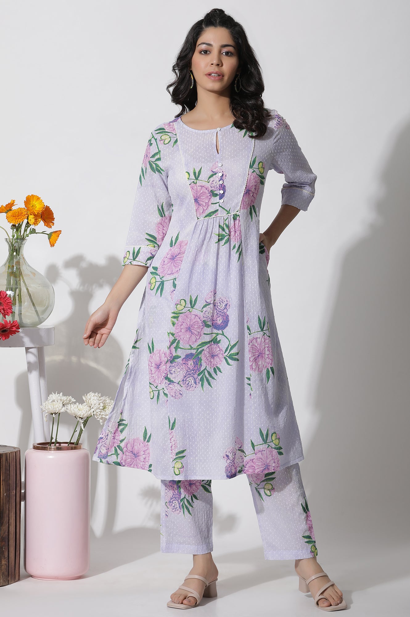 Purple Floral Printed Gathered Kurta And Pants Set