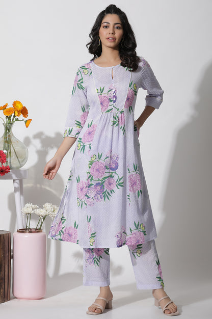Purple Floral Printed Gathered Kurta And Pants Set