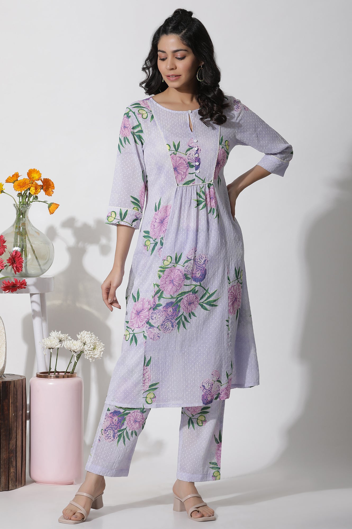 Purple Floral Printed Gathered Kurta And Pants Set