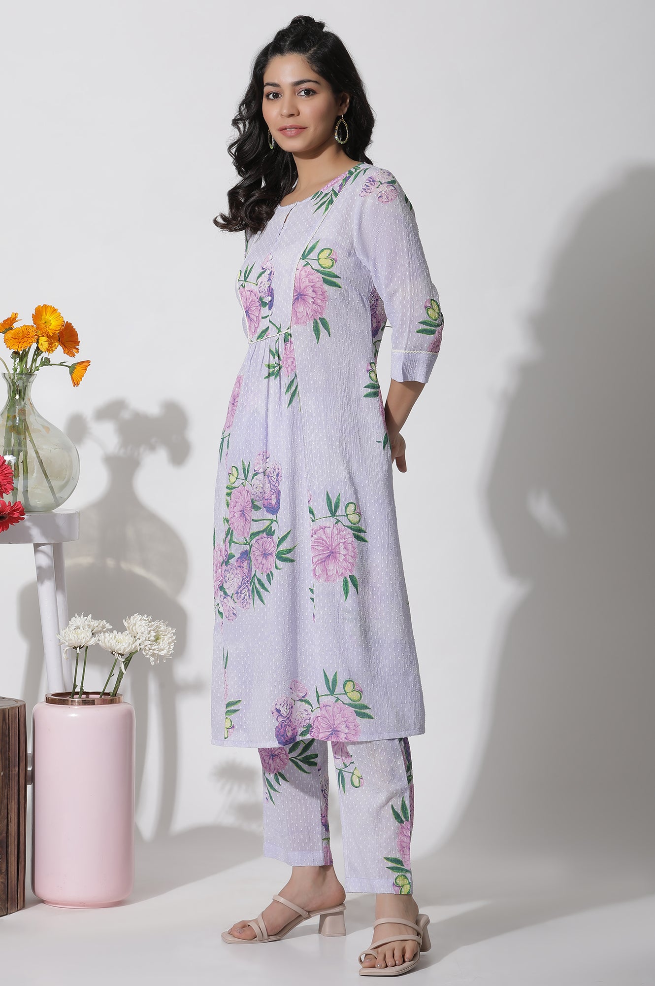 Purple Floral Printed Gathered Kurta And Pants Set