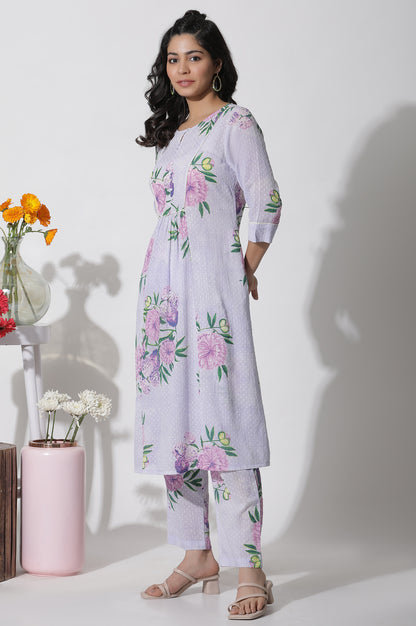 Purple Floral Printed Gathered Kurta And Pants Set