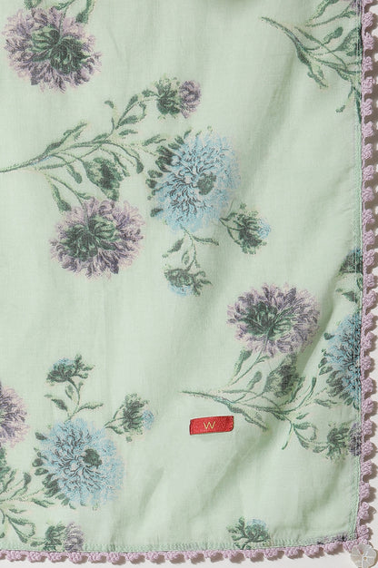 Green Floral Printed A-Line Kurta, Gathered Pants And Dupatta Set