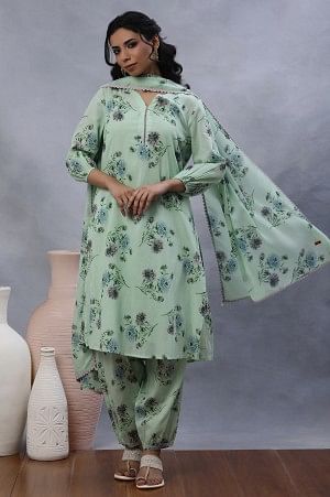 Green Floral Printed A-Line Kurta, Pants and Dupatta Set