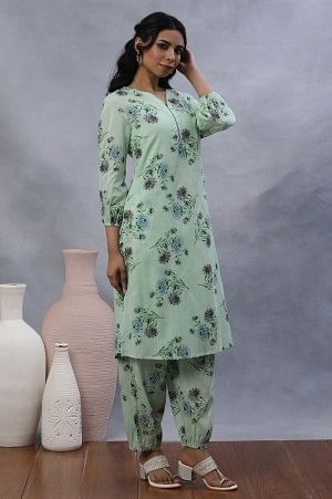 Green Floral Printed A-Line Kurta, Gathered Pants And Dupatta Set