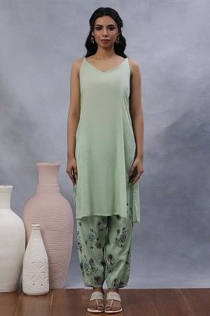 Green Floral Printed A-Line Kurta, Gathered Pants And Dupatta Set