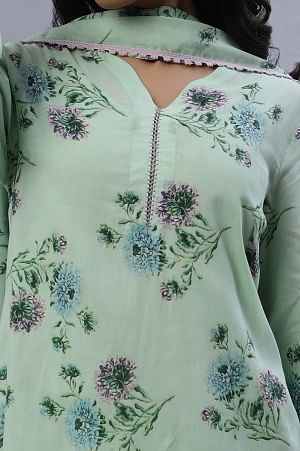 Green Floral Printed A-Line Kurta, Gathered Pants And Dupatta Set
