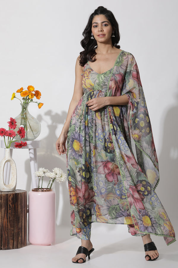 Multi-Coloured Floral Printed Kurta, Pants and Dupatta Set