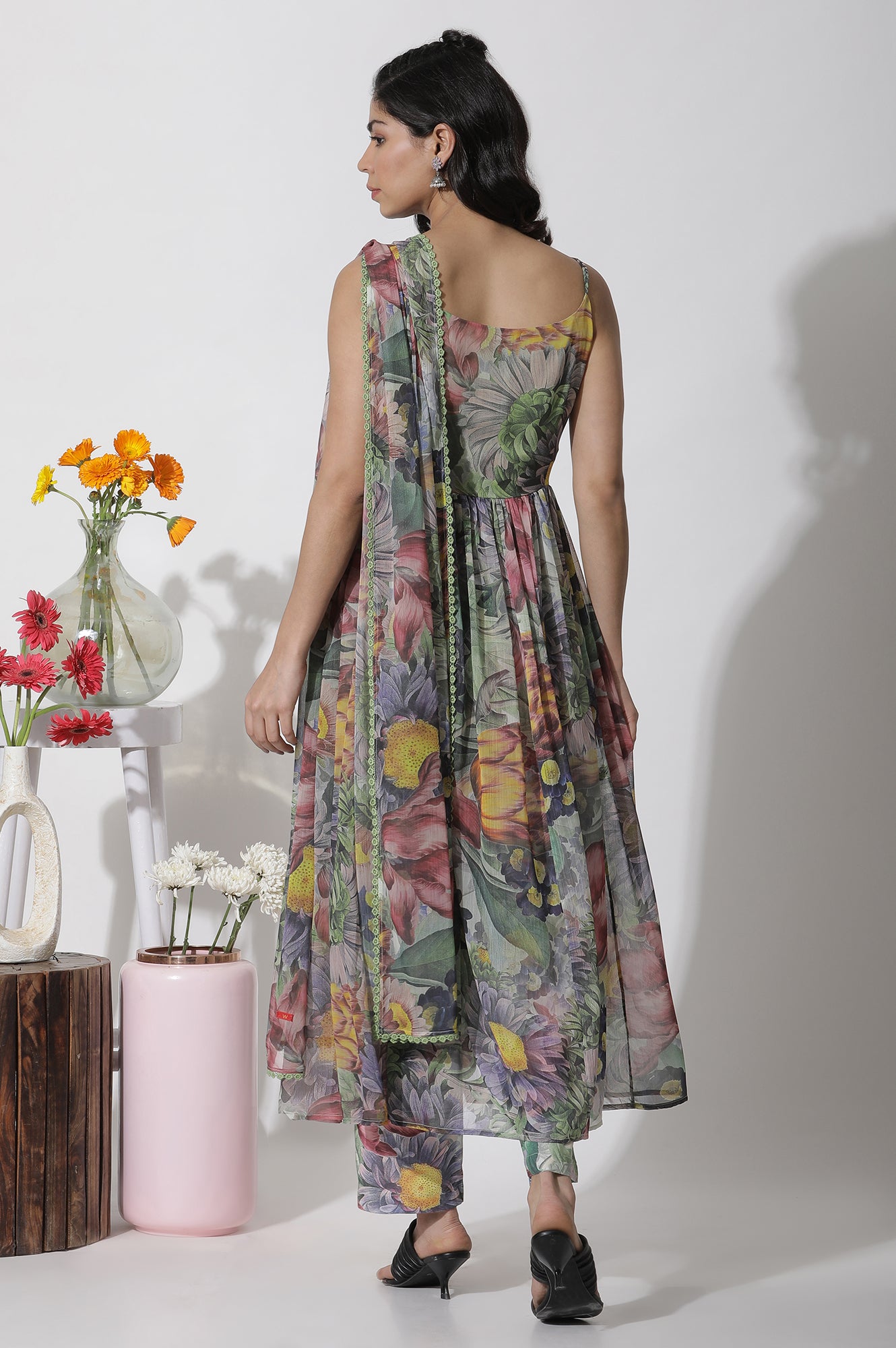 Multi-Coloured Floral Printed Gathered Kurta, Pants And Dupatta Set