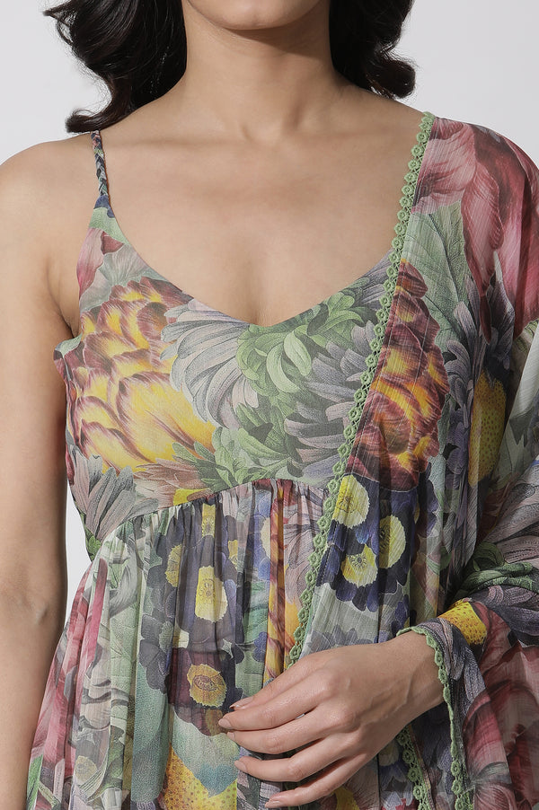 Multi-Coloured Floral Printed Kurta, Pants and Dupatta Set