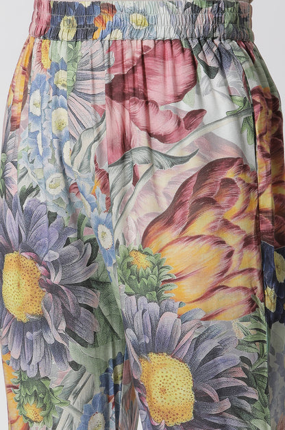 Multi-Coloured Floral Printed Gathered Kurta, Pants And Dupatta Set