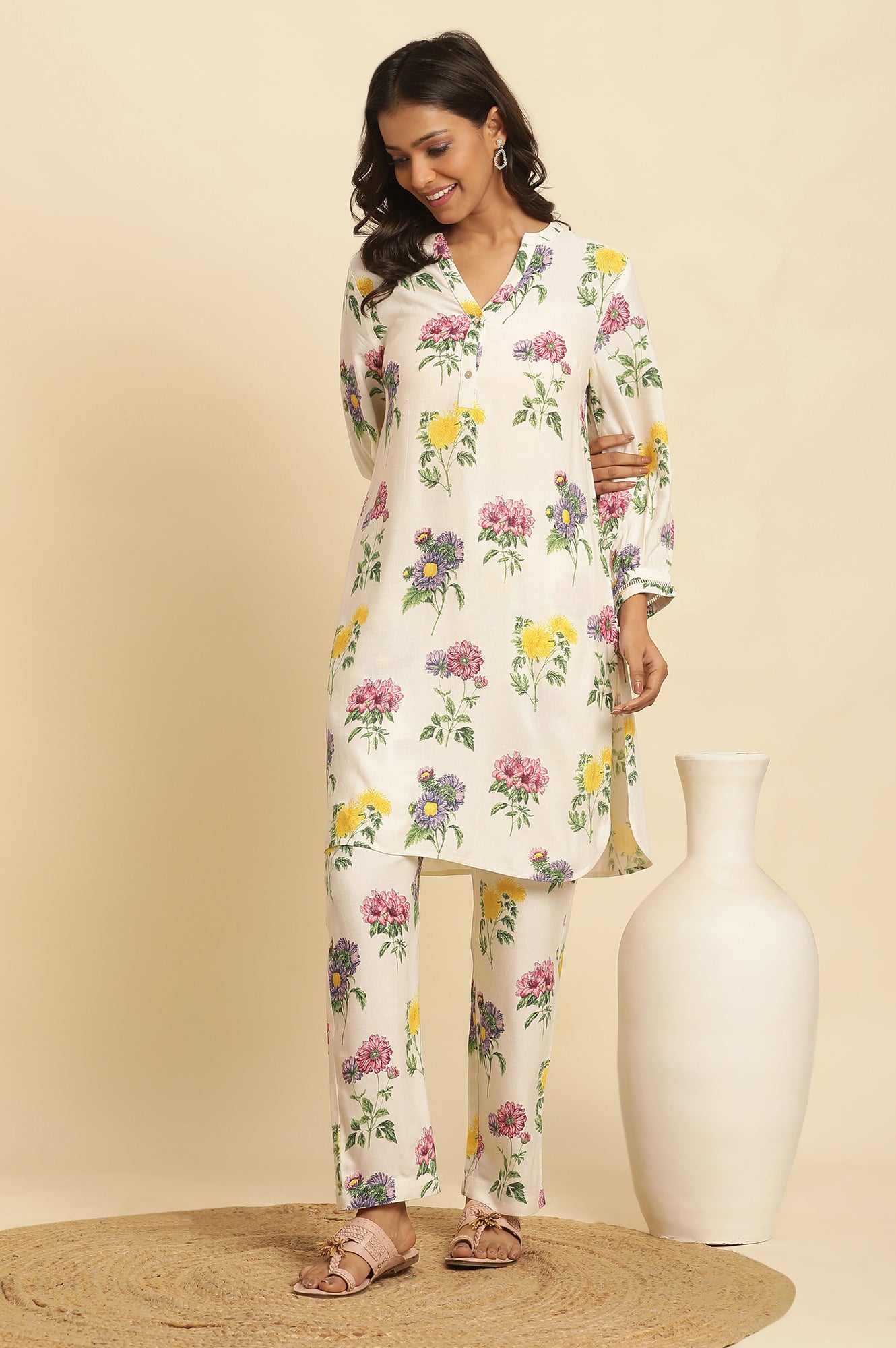 White Floral Printed Short Kurta And Pants Set