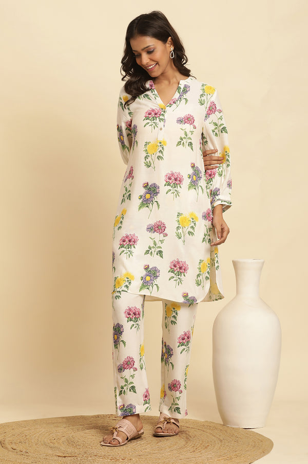 White Floral Printed Short Kurta And Pants Set