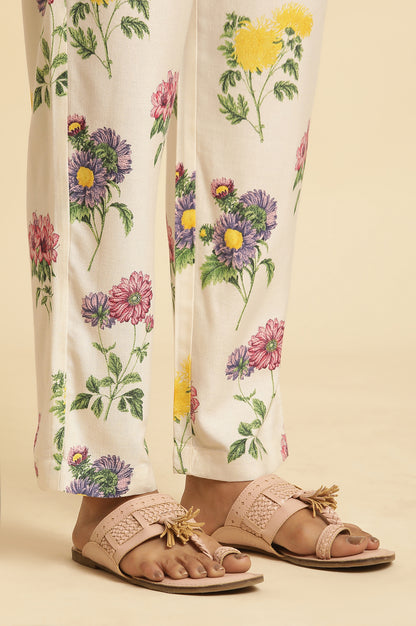 White Floral Printed Short Kurta And Pants Set