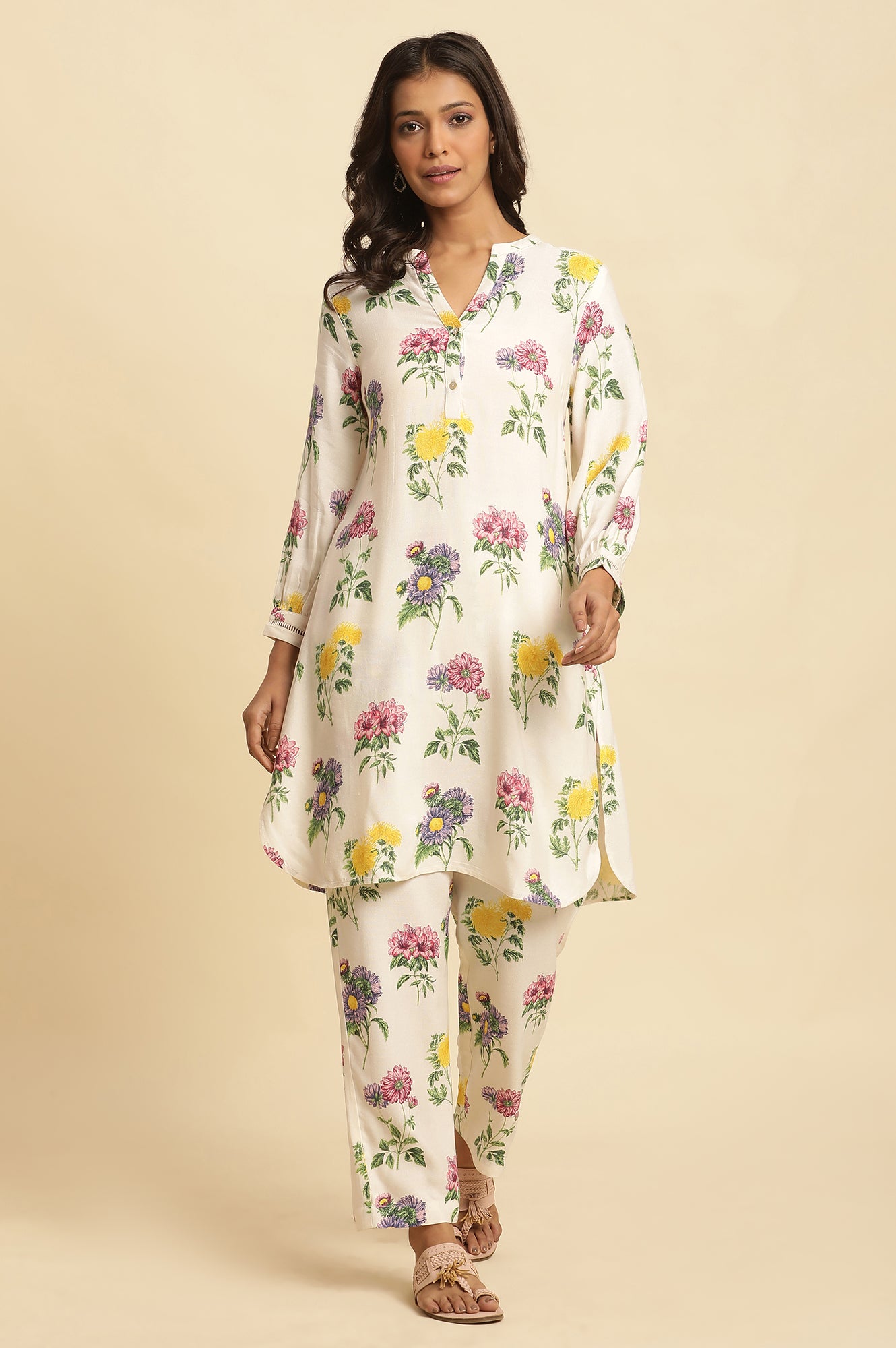 White Floral Printed Short Kurta And Pants Set