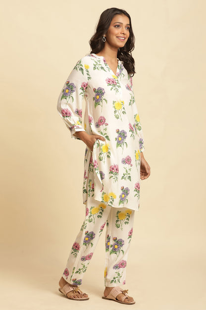 White Floral Printed Short Kurta And Pants Set