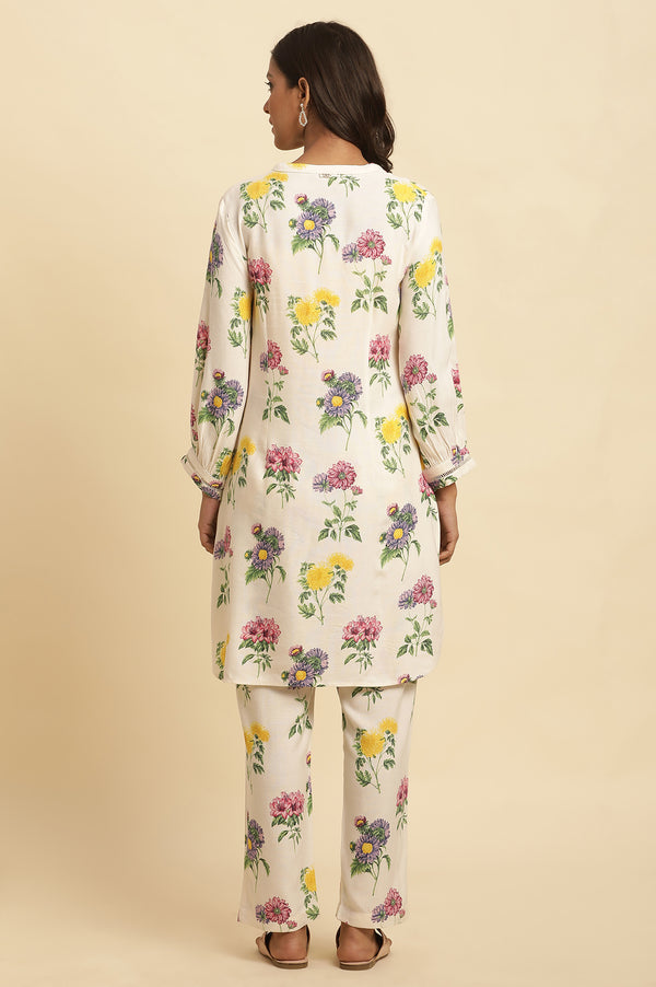 White Floral Printed Short Kurta And Pants Set