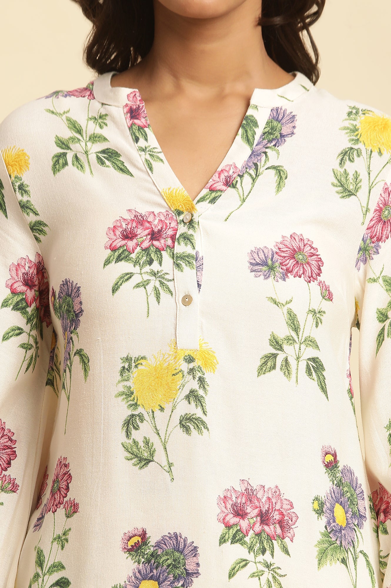 White Floral Printed Short Kurta And Pants Set