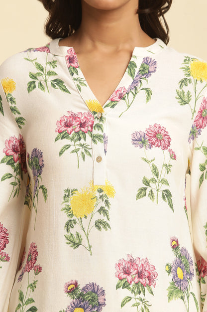 White Floral Printed Short Kurta And Pants Set