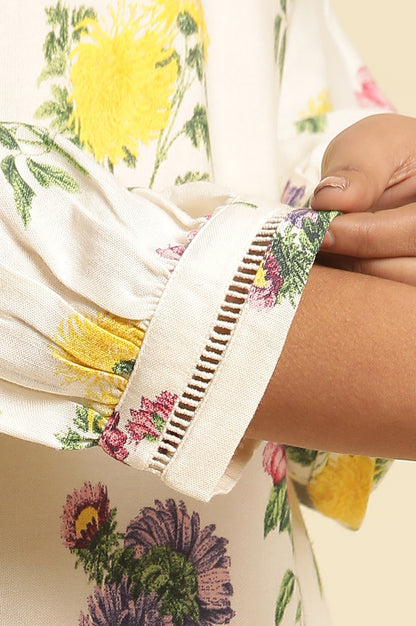 White Floral Printed Short Kurta And Pants Set