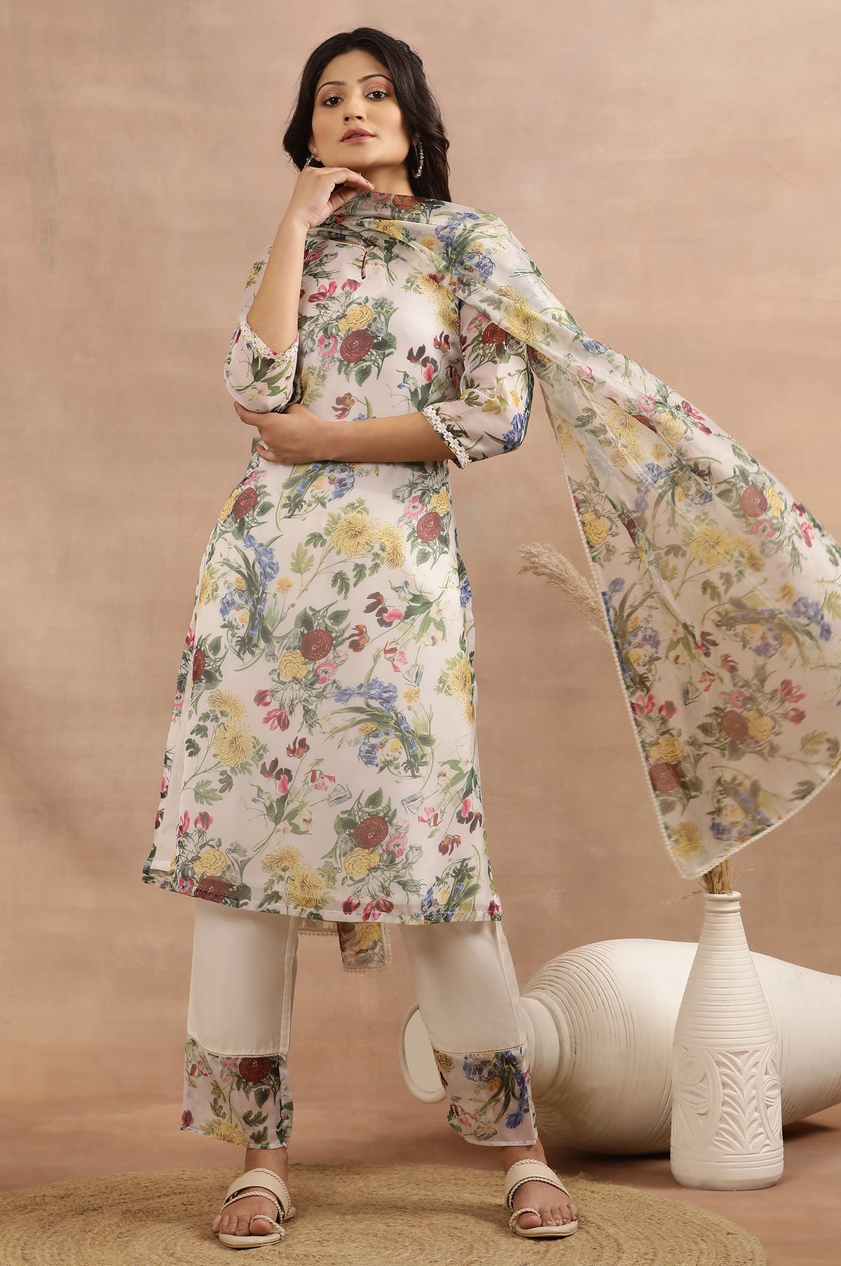White Floral Printed A-Line Kurta, Pants And Dupatta Set - XS