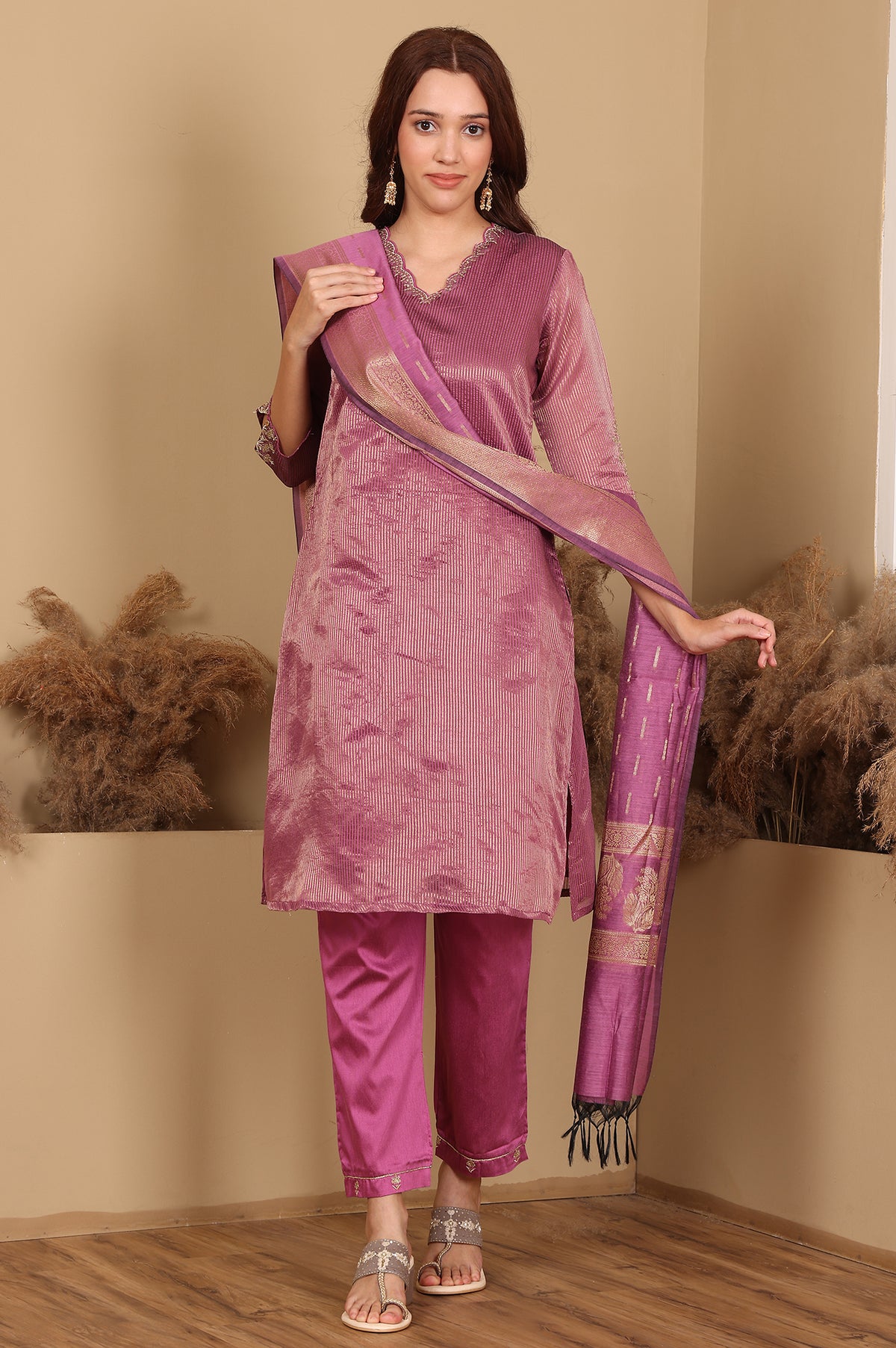 Purple Chanderi Lurex Stripe Embroidered Kurta, Pants Ad Dupatta Set - XS