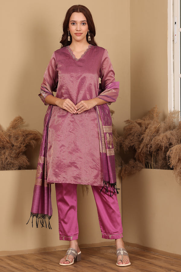 Purple Chanderi Lurex Stripe Embroidered Kurta, Pants Ad Dupatta Set