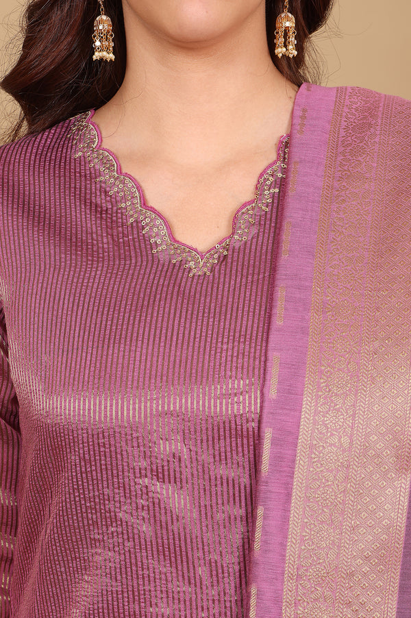 Purple Chanderi Lurex Stripe Embroidered Kurta, Pants Ad Dupatta Set