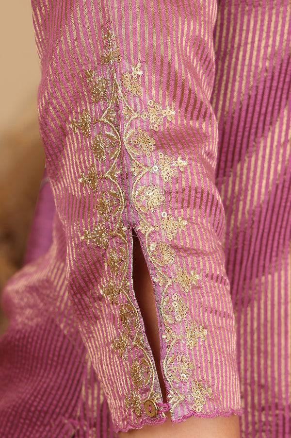 Purple Chanderi Lurex Stripe Embroidered Kurta, Pants Ad Dupatta Set