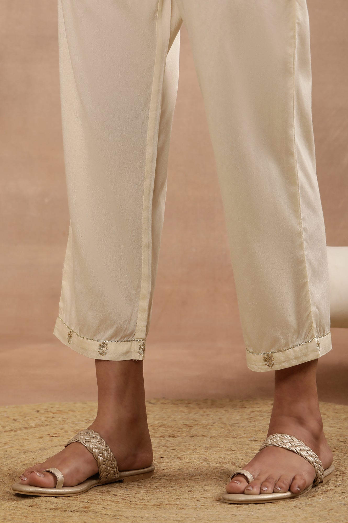 White A-Line Chanderi Kurta, Pants And Dupatta Set