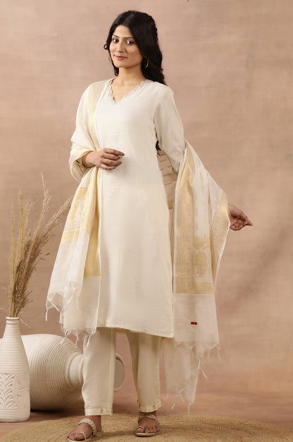 White A-Line Chanderi Kurta, Pants And Dupatta Set