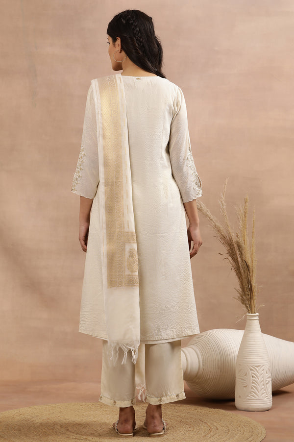 White A-Line Chanderi Kurta, Pants And Dupatta Set