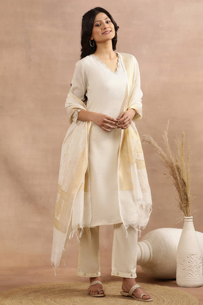 White A-Line Chanderi Kurta, Pants And Dupatta Set