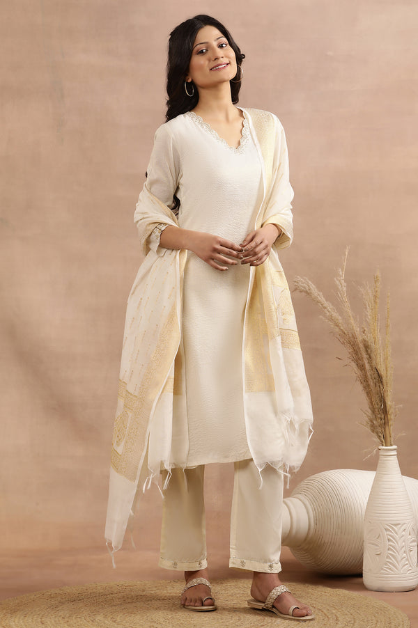 White A-Line Chanderi Kurta, Pants And Dupatta Set