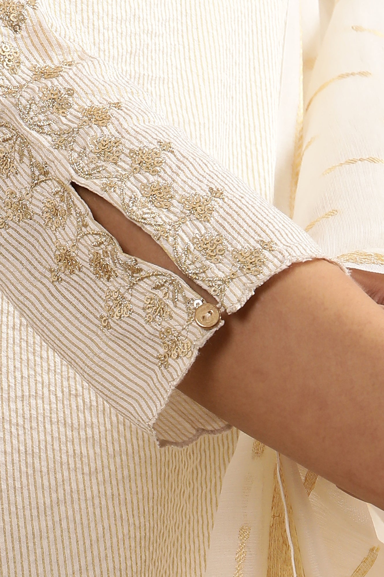 White A-Line Chanderi Kurta, Pants And Dupatta Set