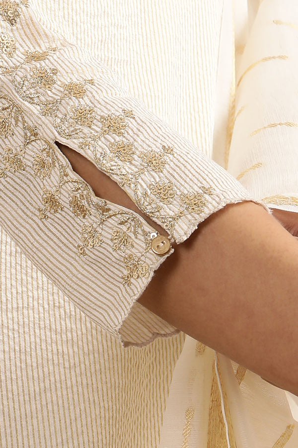 White A-Line Chanderi Kurta, Pants And Dupatta Set