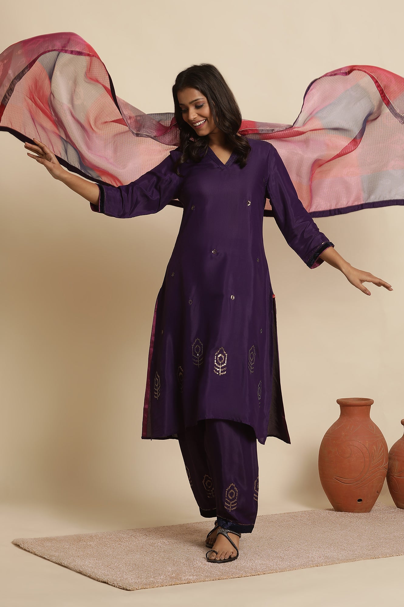 Purple Sequined Kurta, Salwar And Dupatta Set