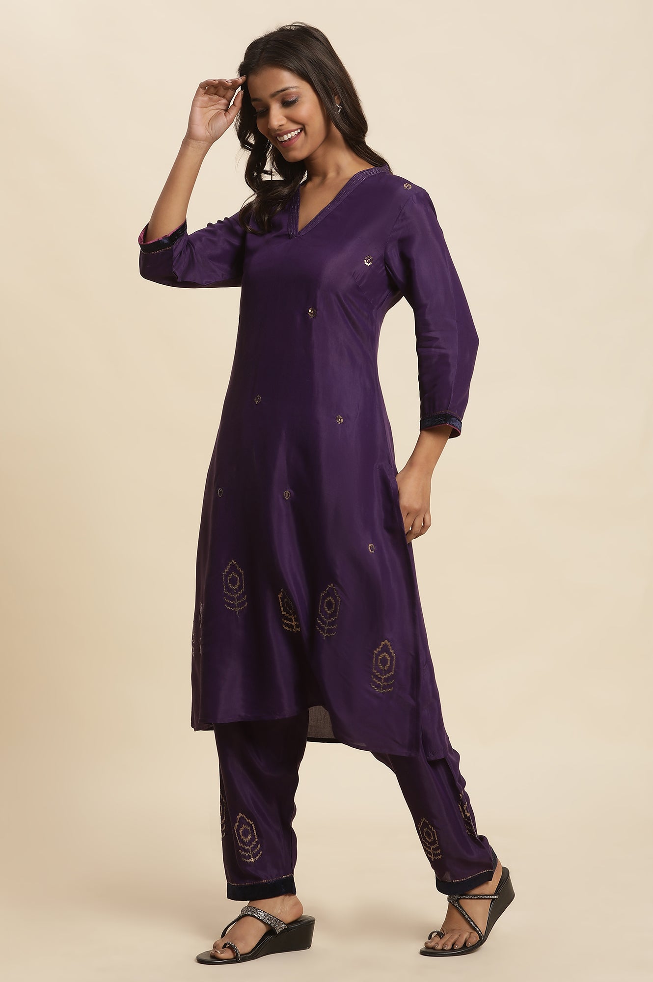 Purple Sequined Kurta, Salwar And Dupatta Set