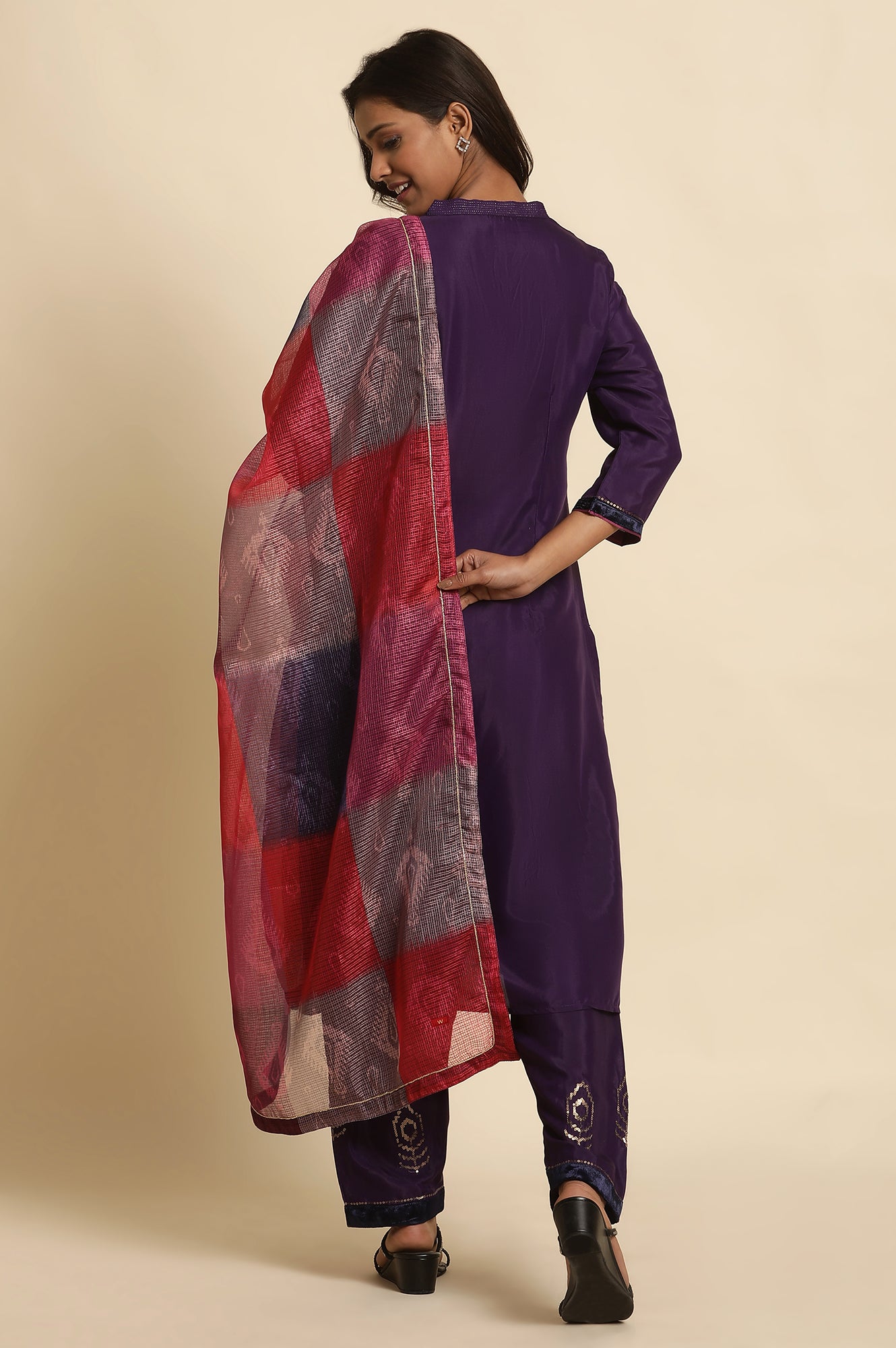 Purple Sequined Kurta, Salwar And Dupatta Set