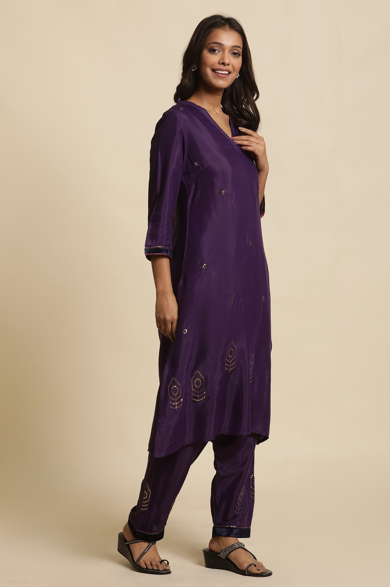 Purple Sequined Kurta, Salwar And Dupatta Set