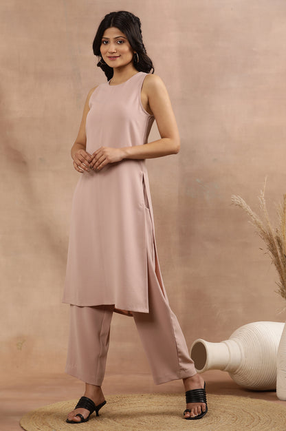 Pink Sleeveless Solid Straight Kurta And Pants Set
