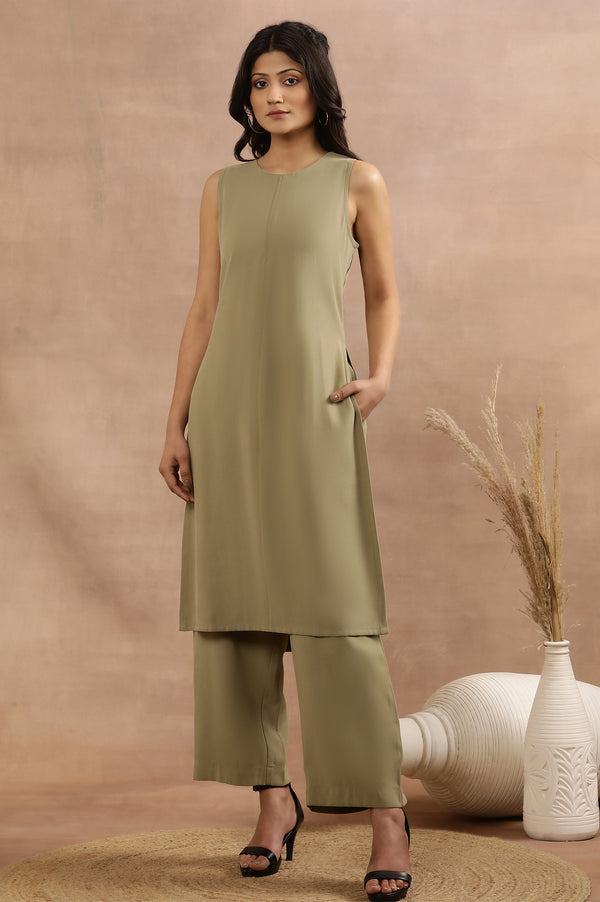 Green Sleeveless Straight Kurta and Pants Co-ord Set