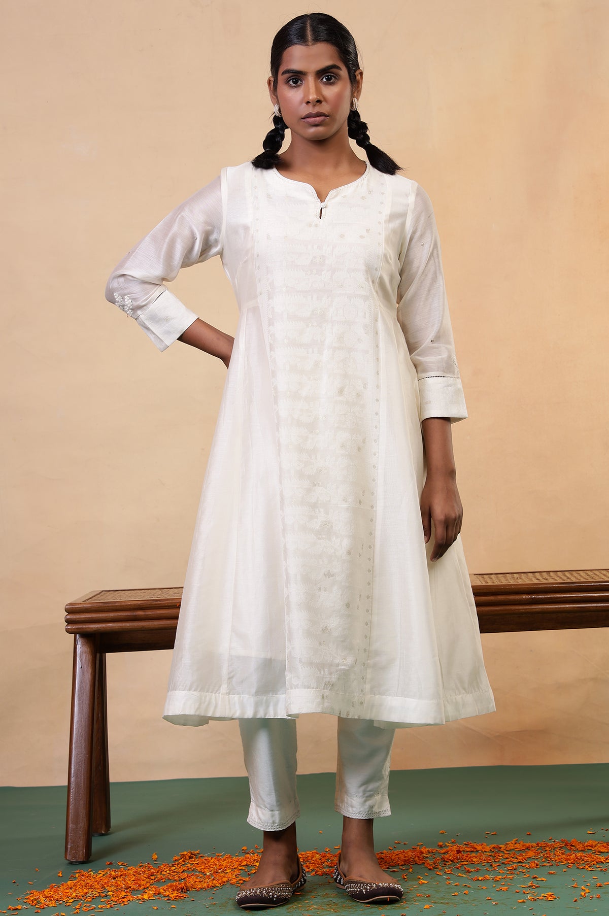 Folksong Coconut Milk Geometric Sequin Embellished Cotton Silk Anarkali Kurta - XS