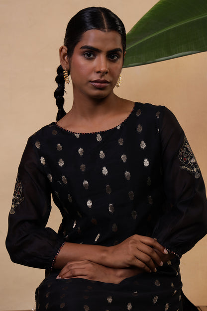 Folksong Jet Black Ethnic Motif Metallic Embroidered Cotton Silk Kurta