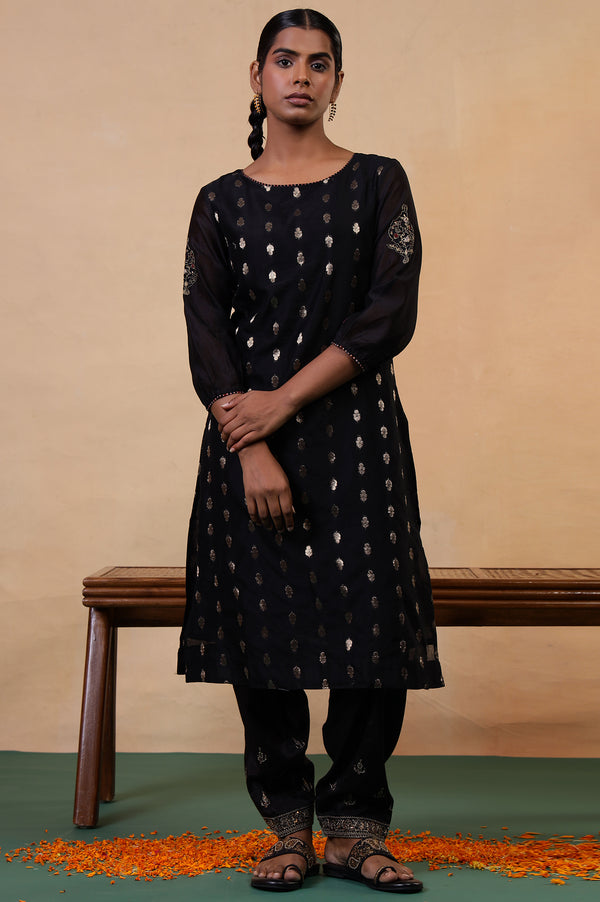 Folksong Jet Black Ethnic Motif Metallic Embroidered Cotton Silk Kurta